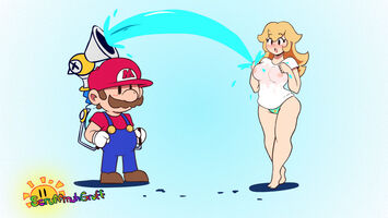 Mario using F.L.U.D.D. to wet Peach