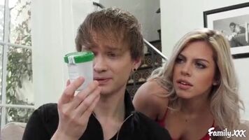 Hot blonde teen offers to help out her stepbro in filling up that sperm cup for his check up later