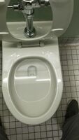 Desperately pissing in a public toilet